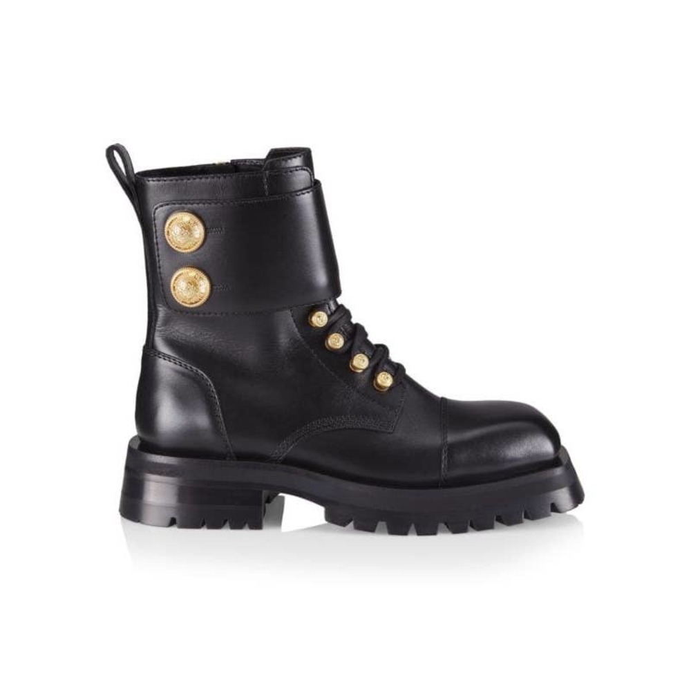 Black Leather Ankle Boots with Gold Accents